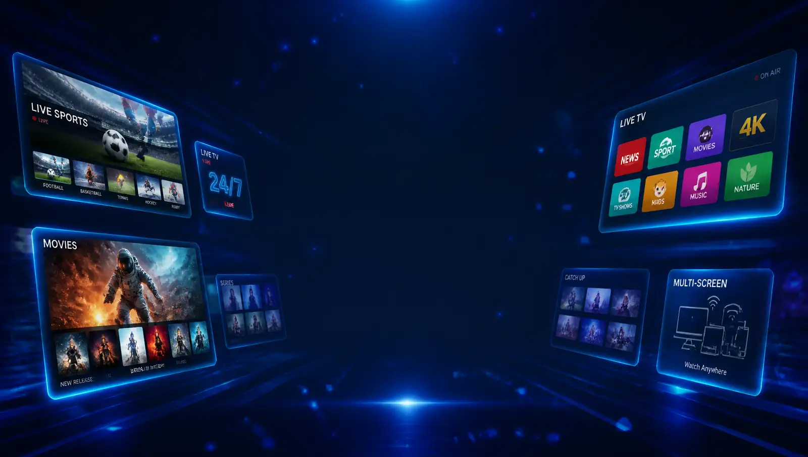 Premium IPTV streaming collage with live football on TV, flags, global landmarks, movies and sports